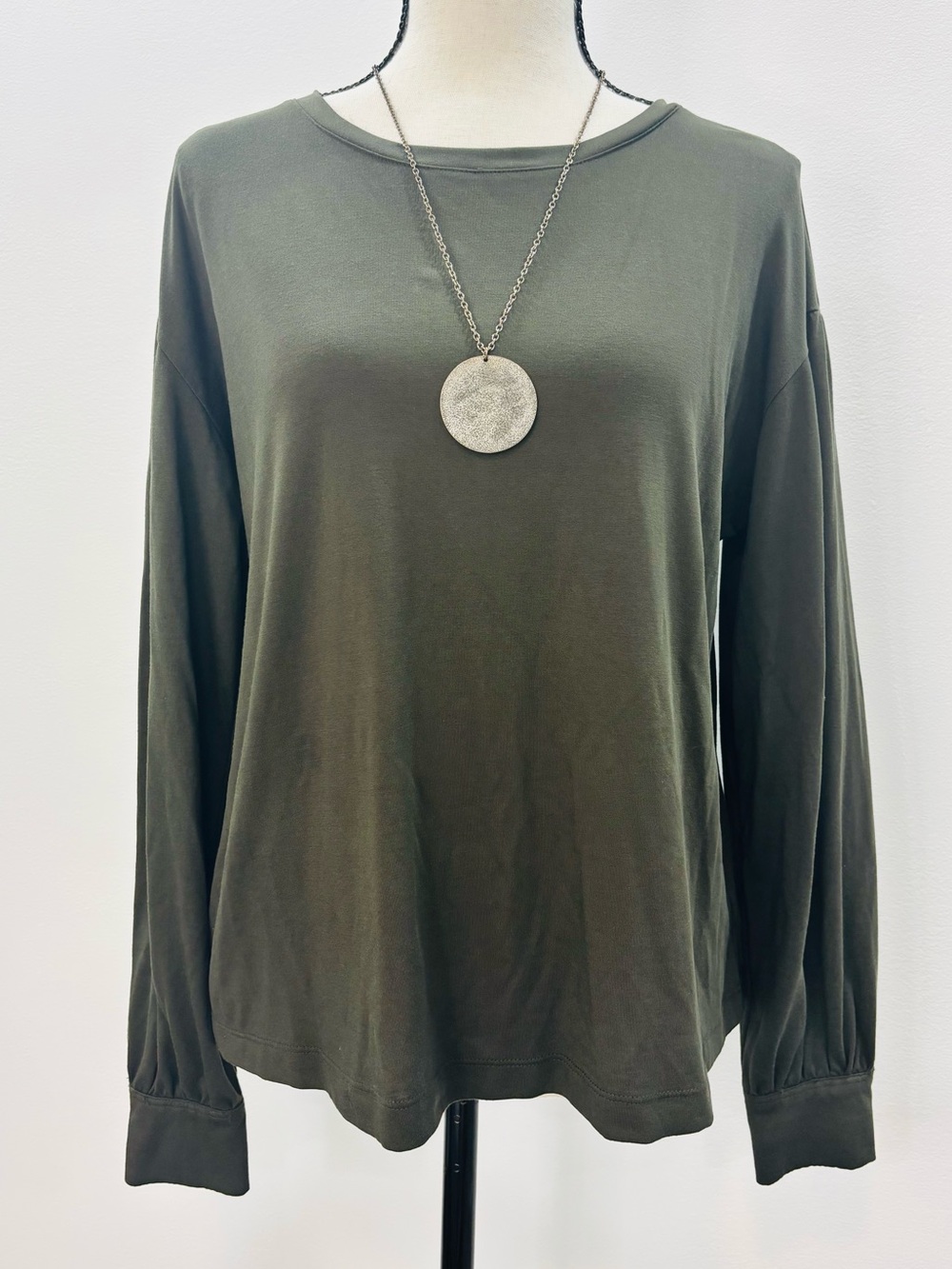 KAARI blue Olive Green Blouse Button Sleeve Detail Soft Lightweight Shirt